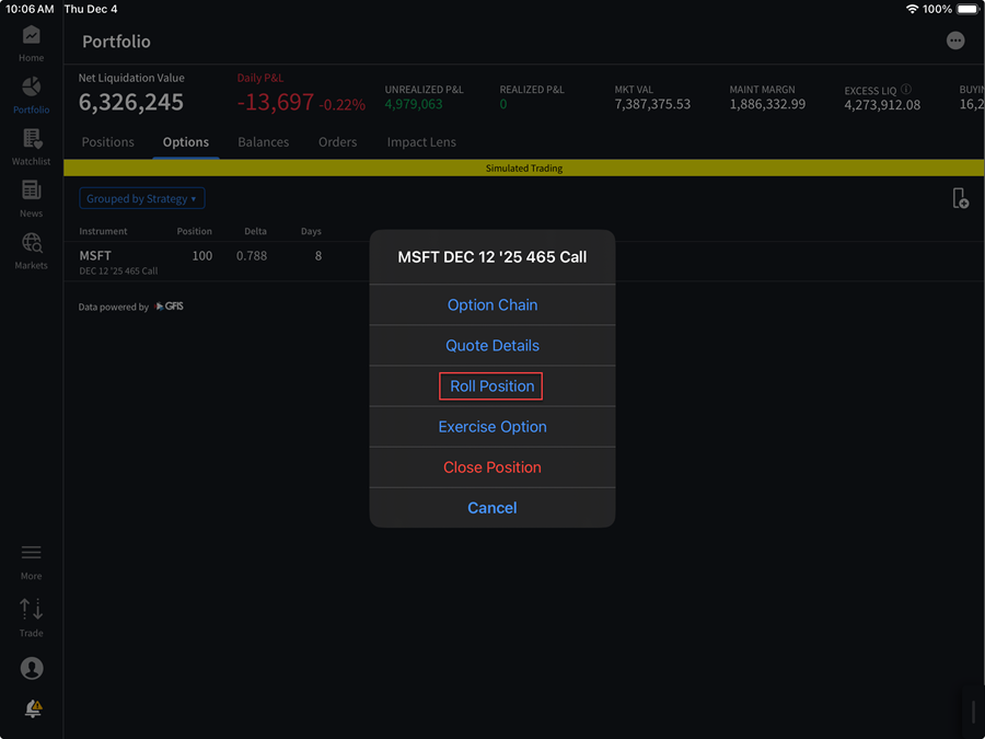 The roll positions button on the ipad. 